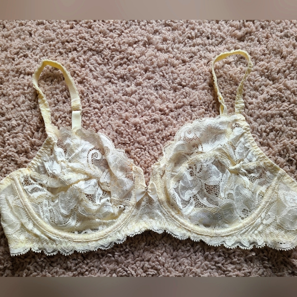 Philipe Matignon Bra Size 36B Sheer Lace Underwire Unlined Bow Ivory Bridal